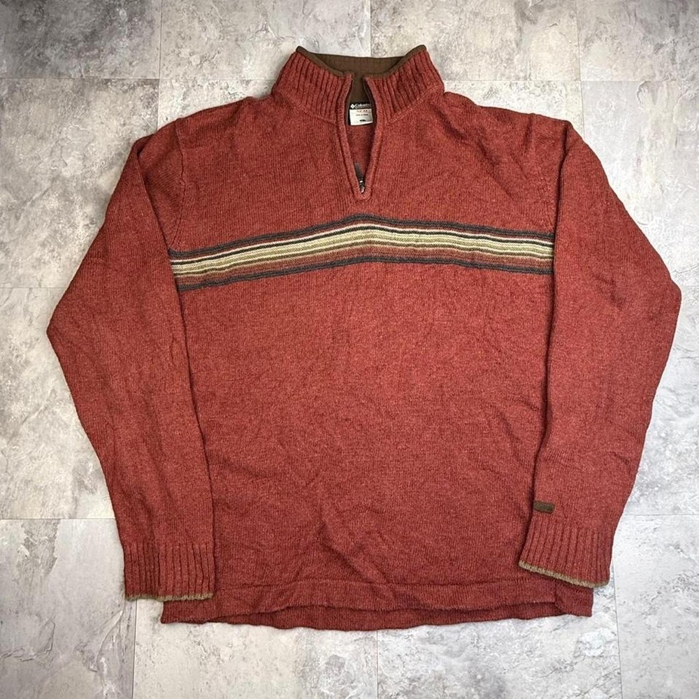 Columbia Sportswear red quarter zip with vertical stripes in beige, black, green